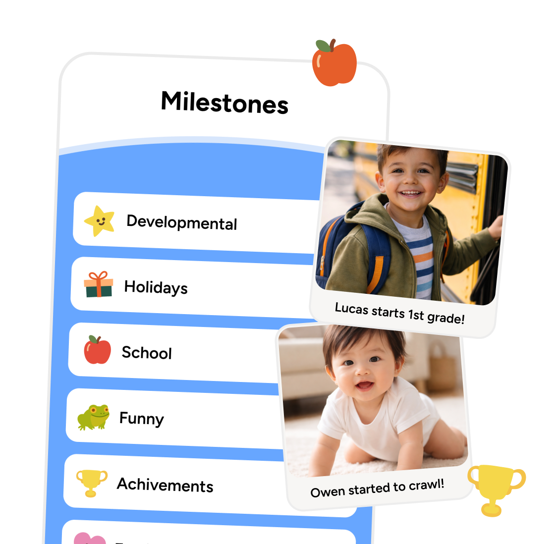 Keepsies milestones screen showing categories like Developmental, Holidays, School, Funny and Achievements with kid photos