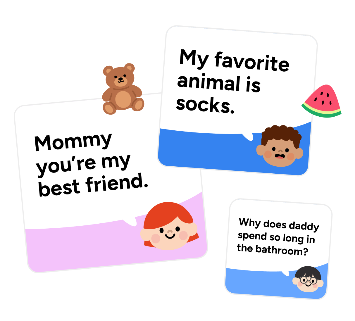 Keepsies quotes showing speech bubbles with funny kid quotes like My favorite animal is socks
