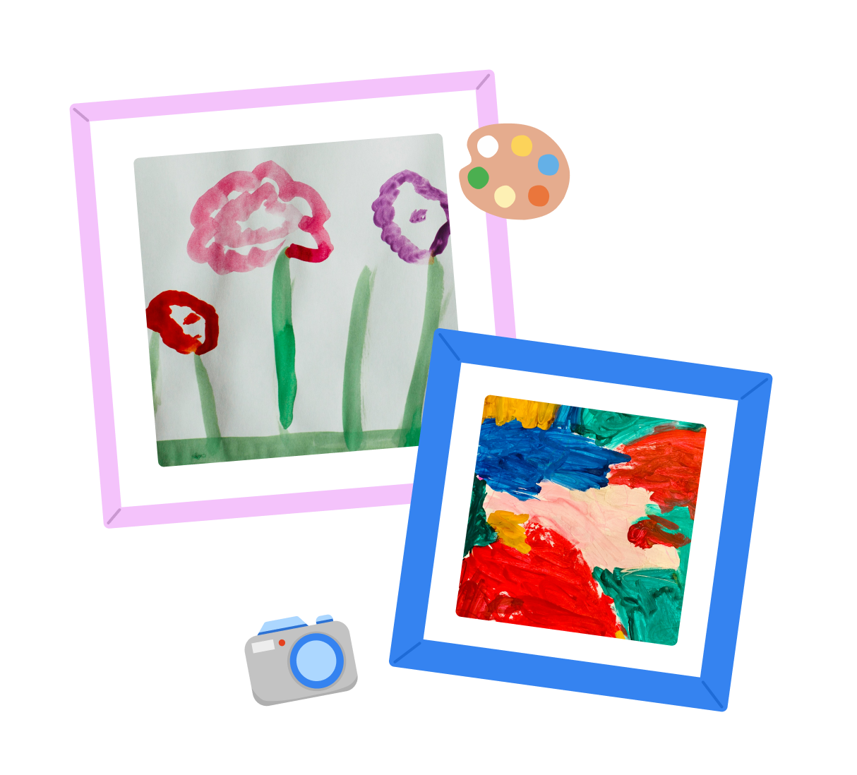 Two framed children's paintings saved in Keepsies