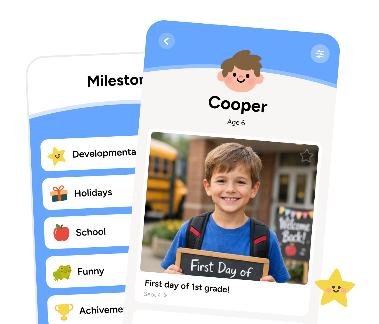 Keepsies app showing milestone categories and a child profile with photo memories