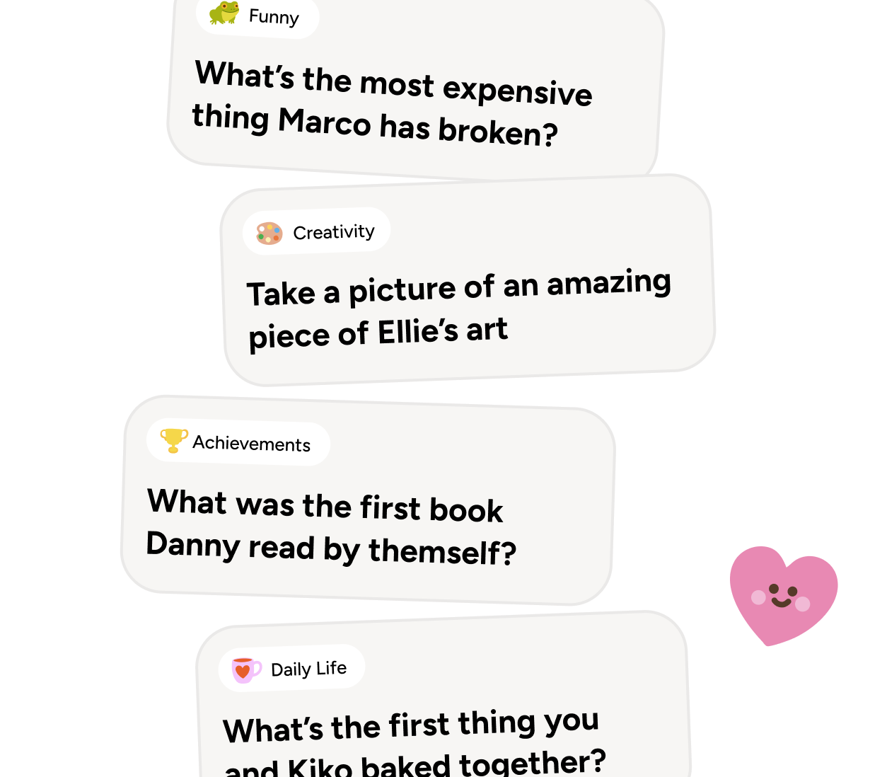 Keepsies app showing creative journal prompts across categories like Funny, Creativity, Achievements, and Daily Life