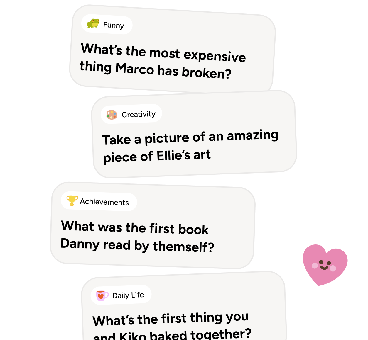 Keepsies app showing creative journal prompts across categories like Funny, Creativity, Achievements, and Daily Life