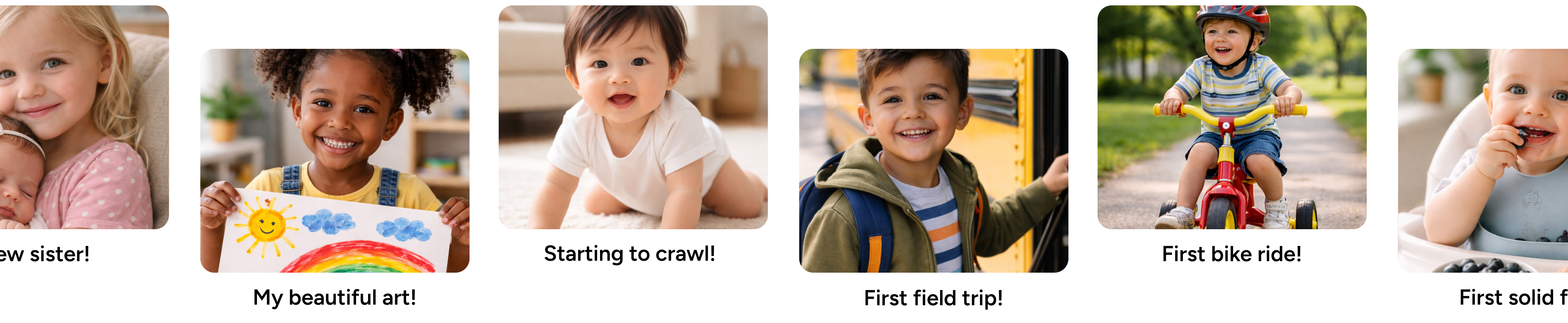 Photo gallery showing children's milestones: new sister, beautiful art, starting to crawl, first field trip, first bike ride, and first solid food